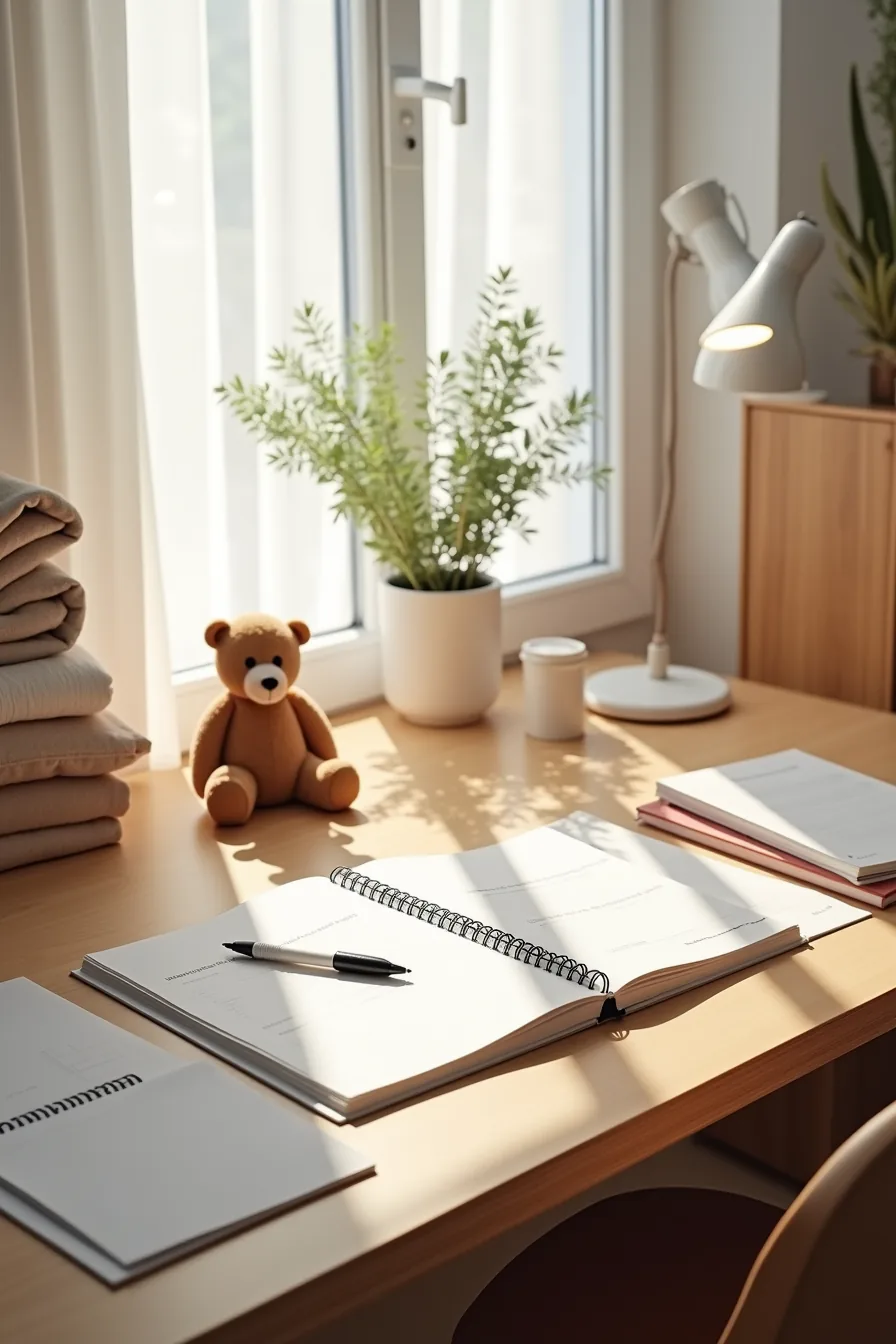 Notebook with handwritten inventory notes, pen, ruler, and labeled paper categories arranged with stacked toys, office