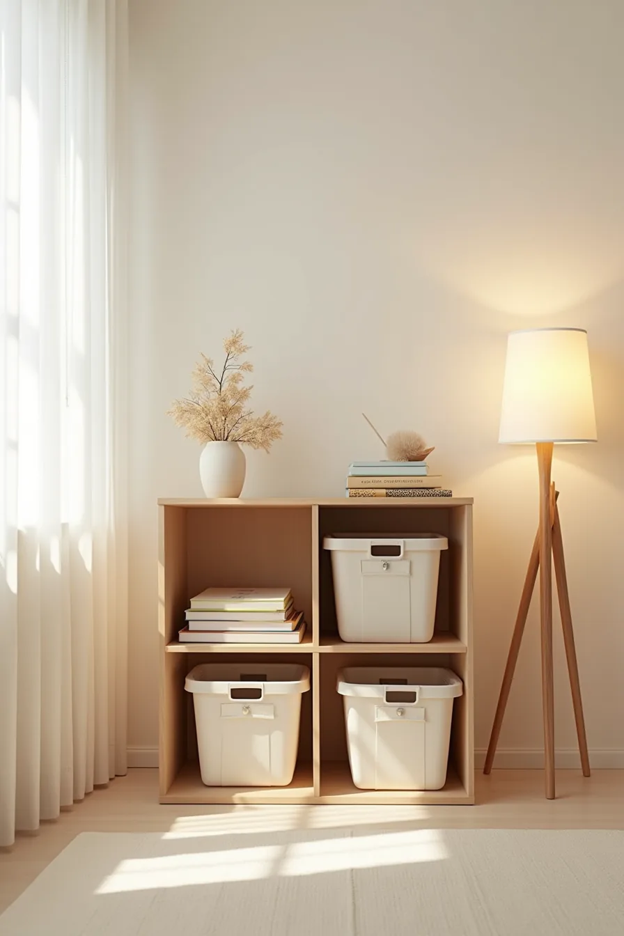 Cube storage unit with color-coded labeled baskets, weight-distributed items from heavy below to light above, and cleaning