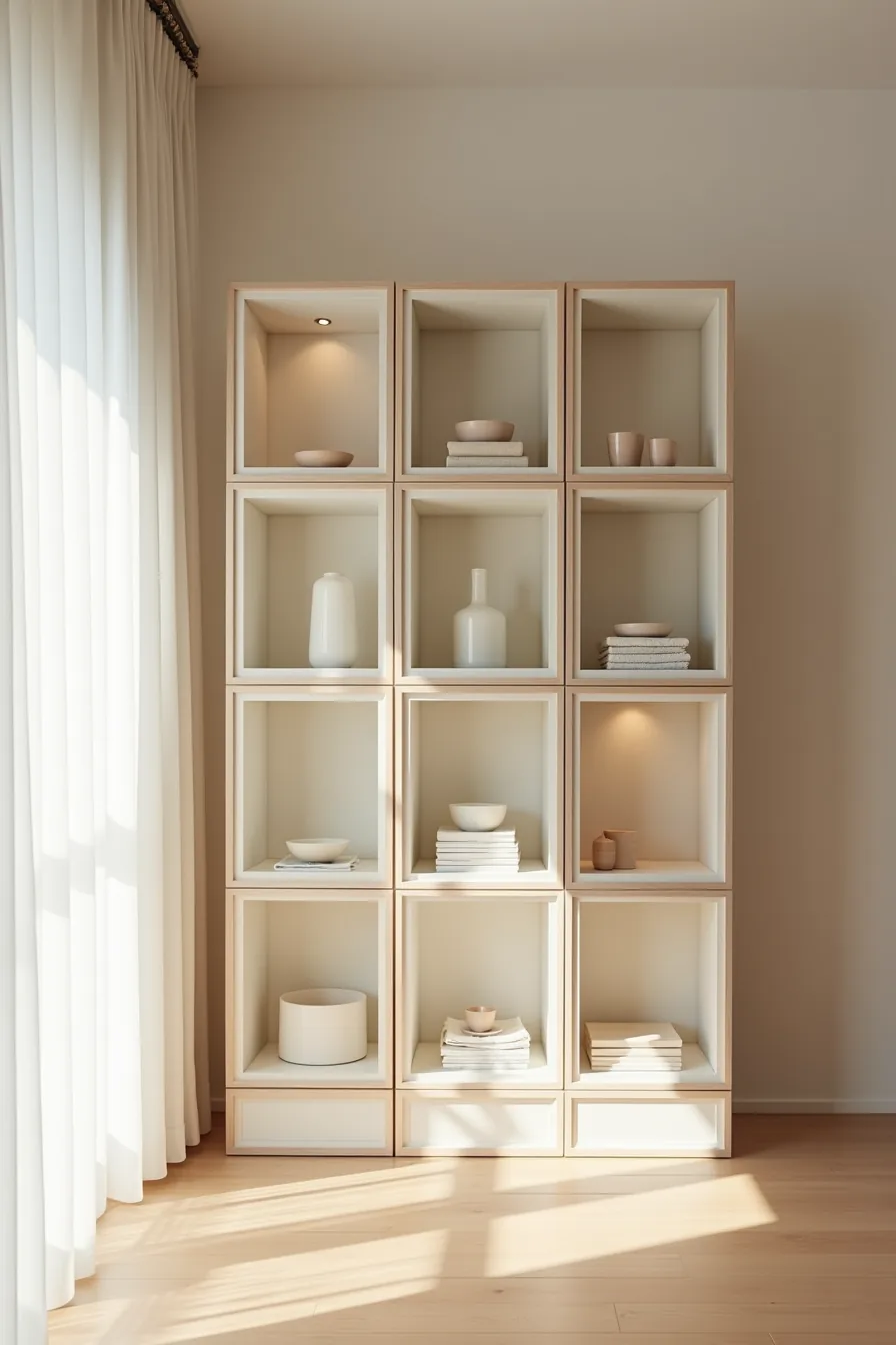 Twelve-cube shelving unit with three ceramic vessels and stacked linen in select cubes, mostly empty spaces with soft side