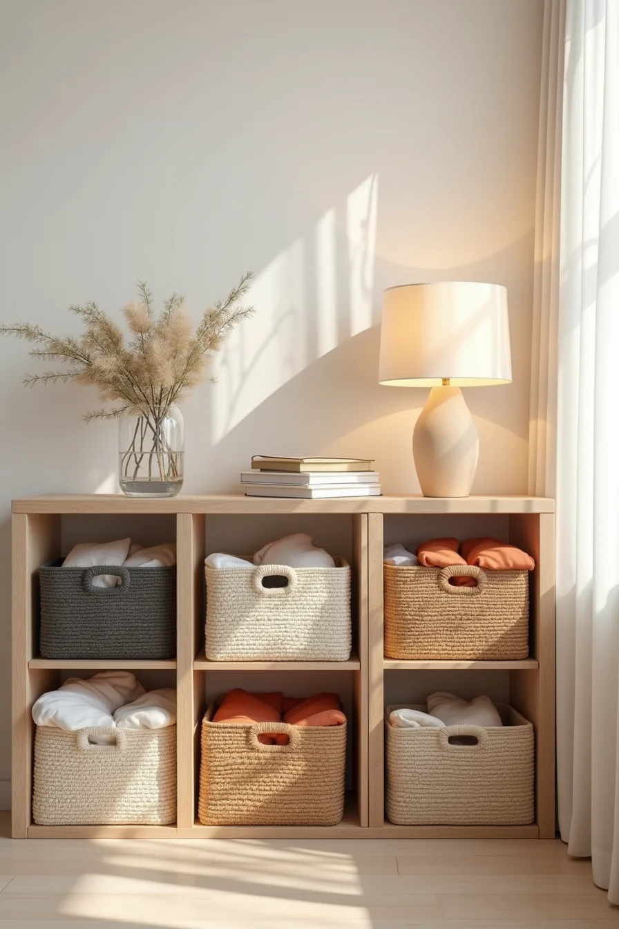 Nine-cube unit filled with cream, terracotta, and charcoal woven baskets holding folded textiles, with one empty cube space.