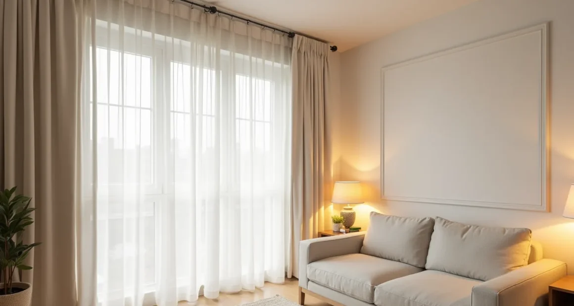 A heavy linen curtain panel hangs from a ceiling track system, partially dividing an open living room from a sleeping alcove