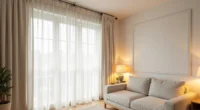 A heavy linen curtain panel hangs from a ceiling track system, partially dividing an open living room from a sleeping alcove