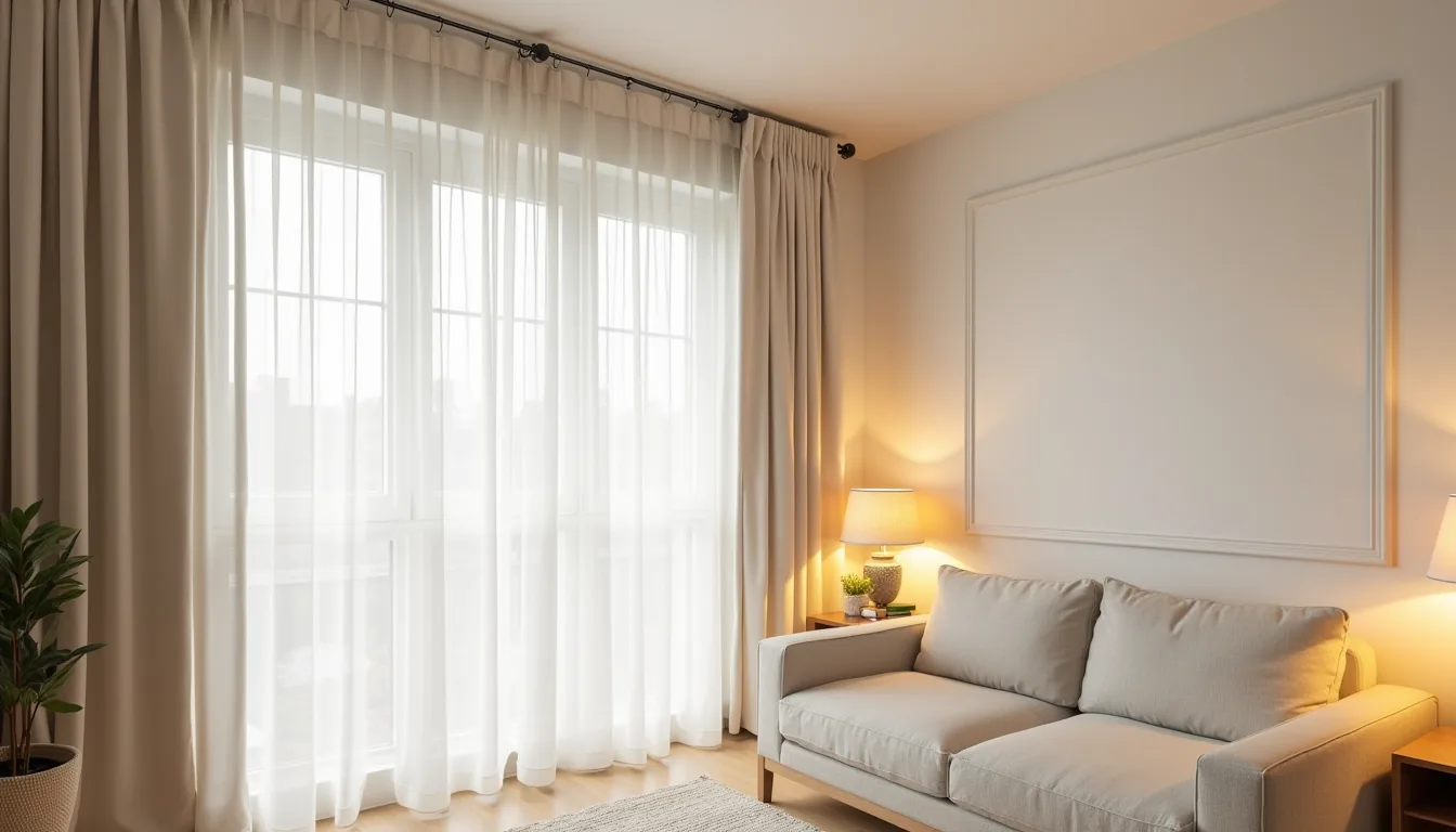 A heavy linen curtain panel hangs from a ceiling track system, partially dividing an open living room from a sleeping alcove