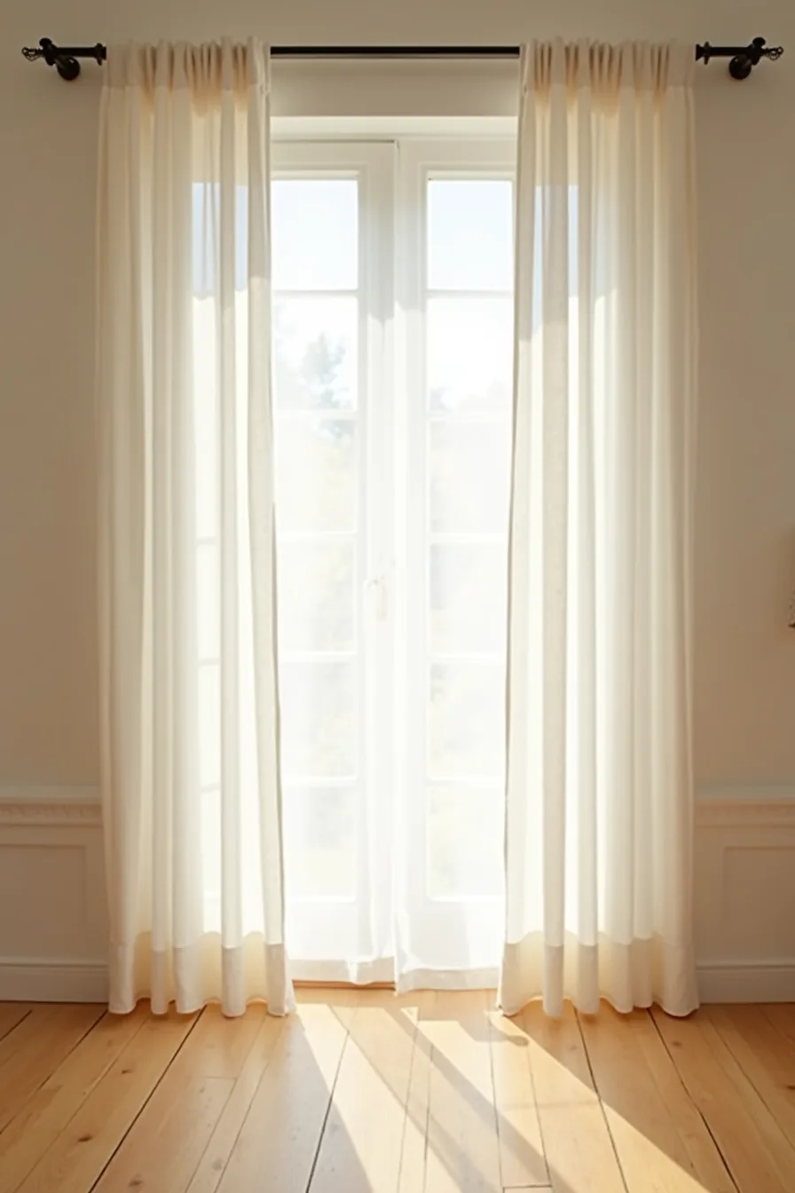 A studio features double curtain layers—sheer and opaque panels on one track—partially drawn to create flexible privacy and