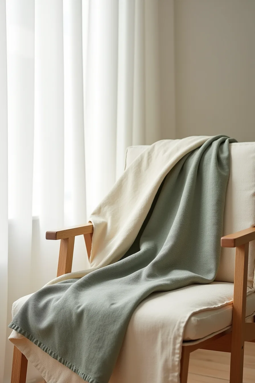 Three fabric swatches in sage, charcoal, and cream display different weights and textures draped on a neutral chair.