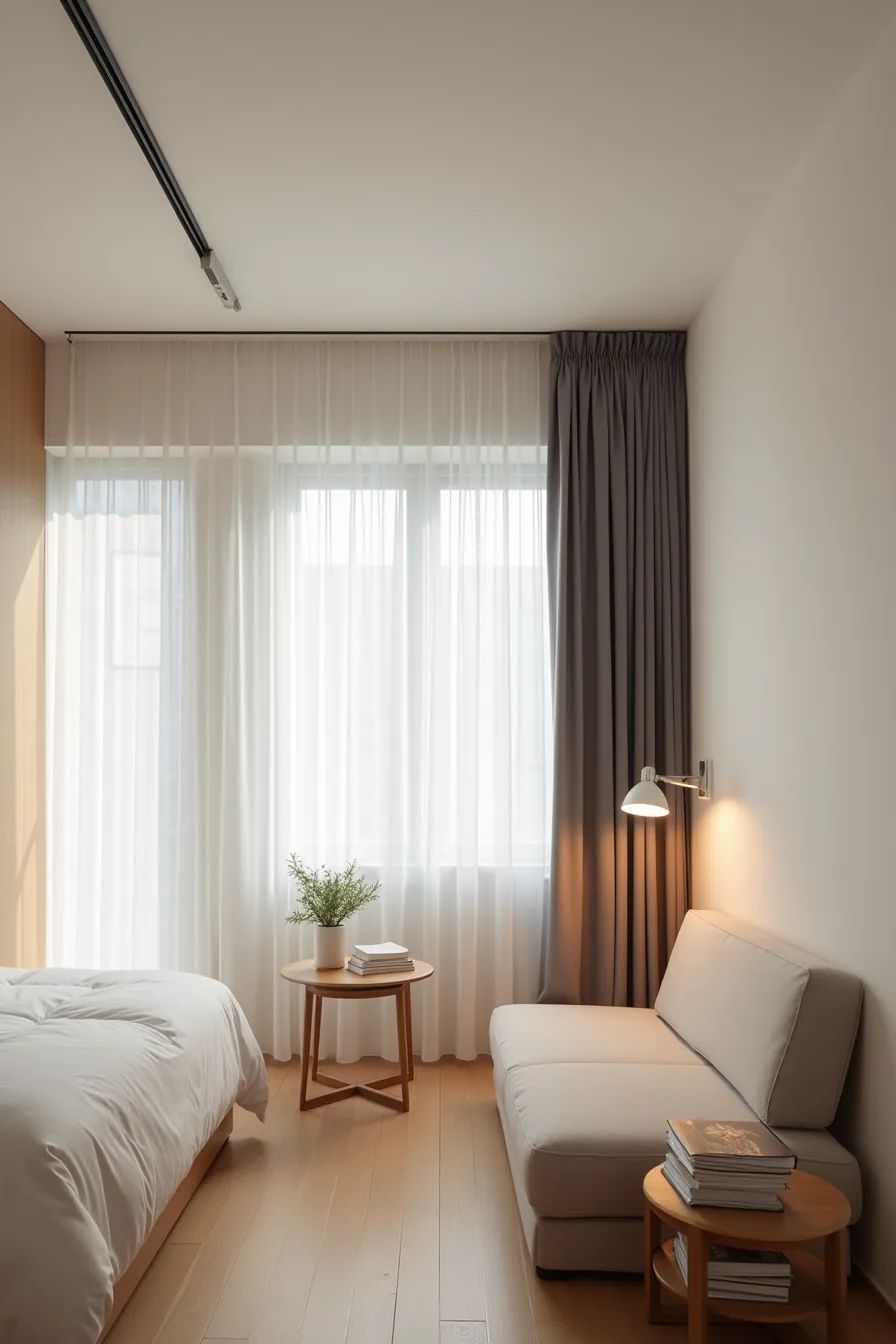 Charcoal curtains hang from a motorized ceiling track system, dividing a studio apartment's bedroom and living areas in half.