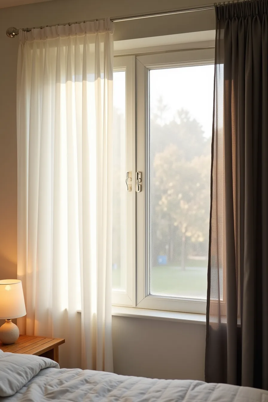 Two side-by-side windows display contrasting curtains—a sheer voile on the left allowing filtered light and an opaque