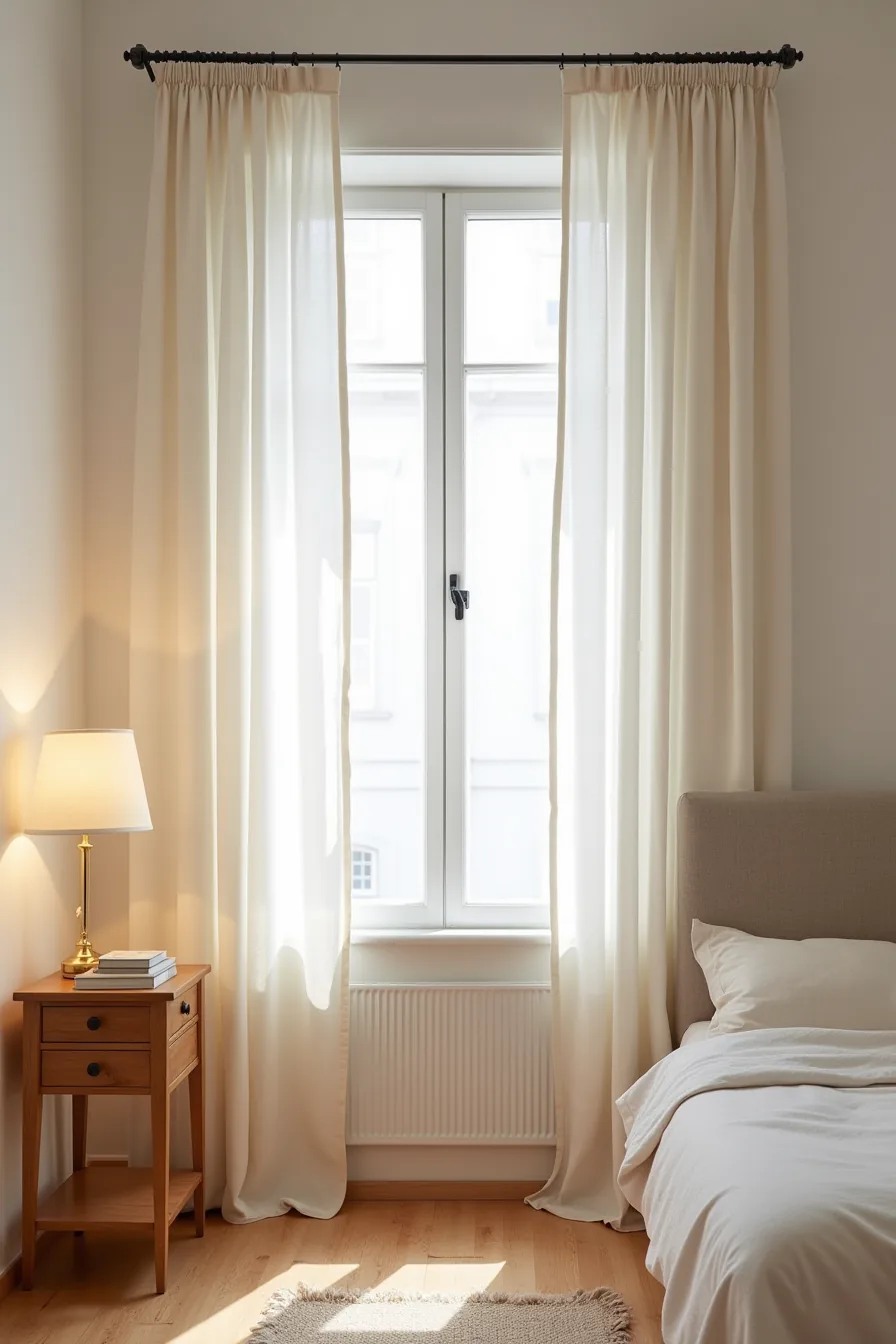 A portable tension rod with weighted base holds a linen curtain between two walls in a rental apartment, requiring no