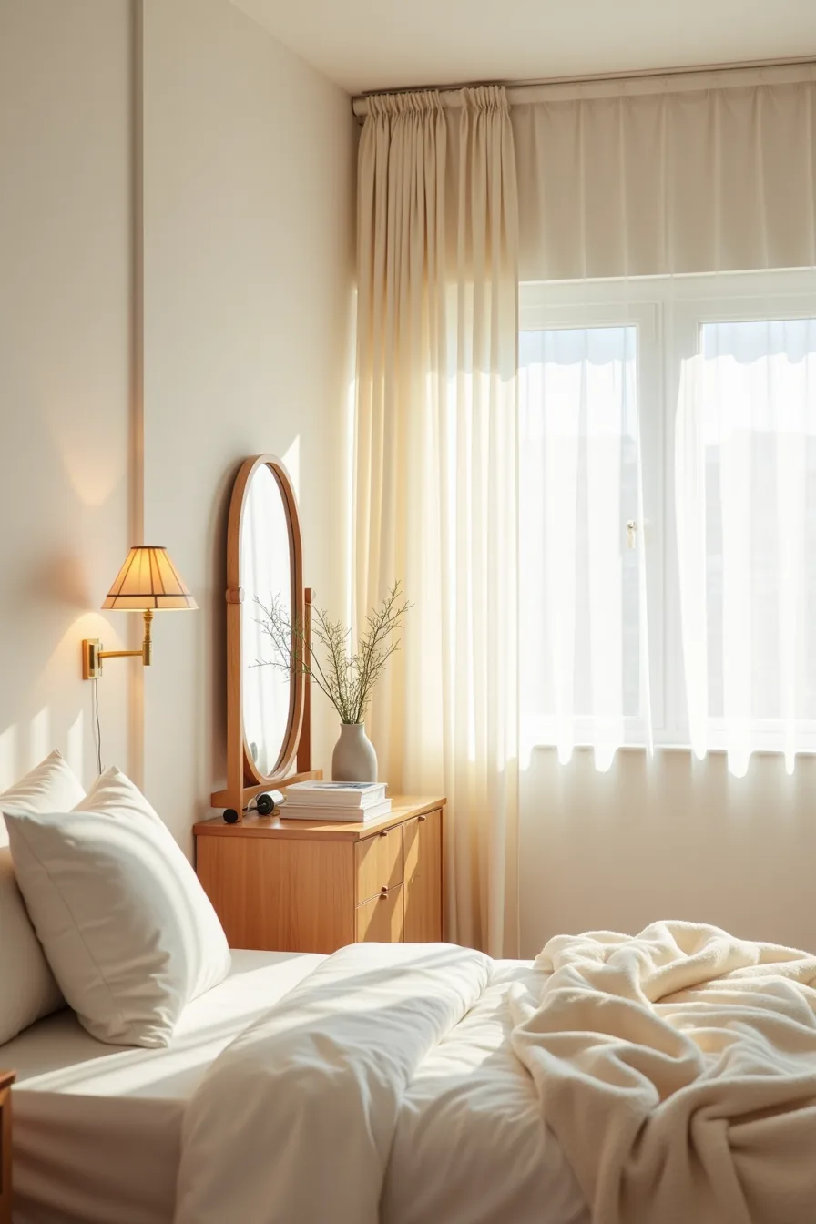 A floor-length curtain panel hangs from a wall-mounted rod across half a bedroom, creating a separate dressing alcove.