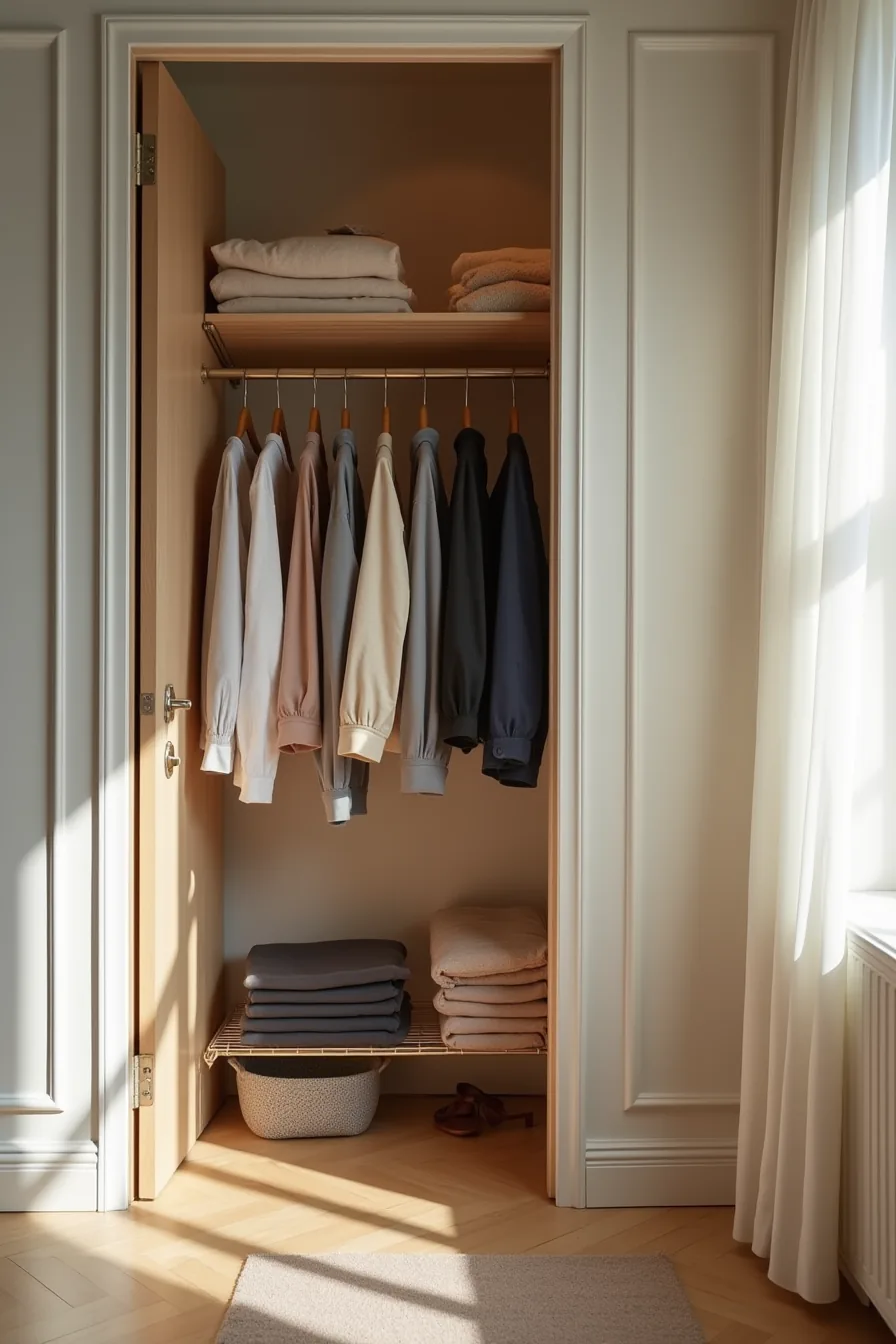 Disorganized closet with an overstuffed rod, bunched garments, floor clutter, and wasted lower space beneath a high-mounted