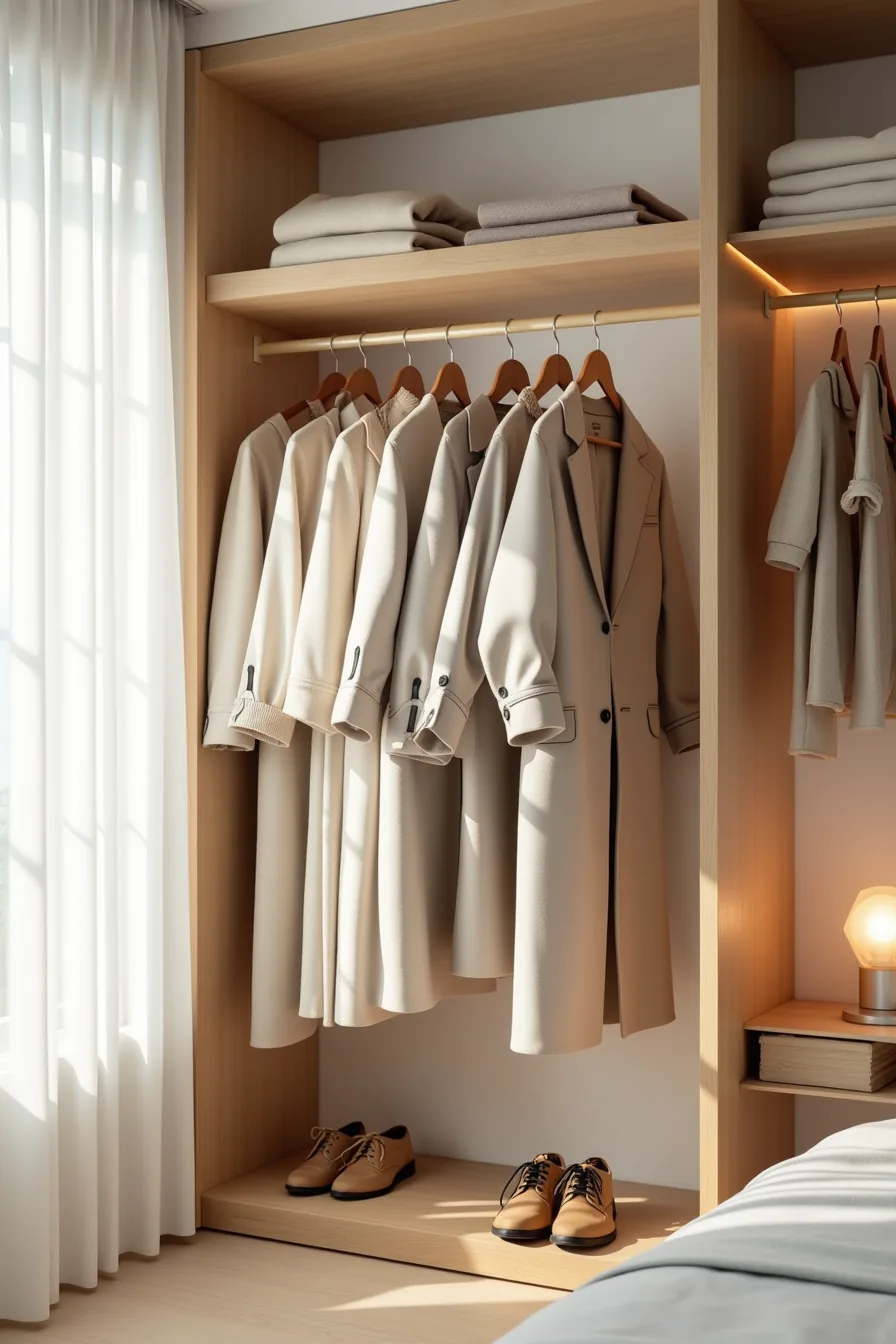 Closet with two horizontal rods stacked vertically, upper rod displaying long coats and dresses, lower rod holding shirts