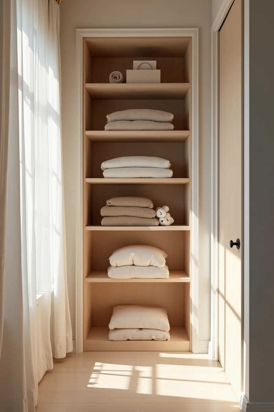 Deep closet with five narrow floor-to-ceiling shelves holding stacked sweaters, rolled scarves, and storage boxes along the