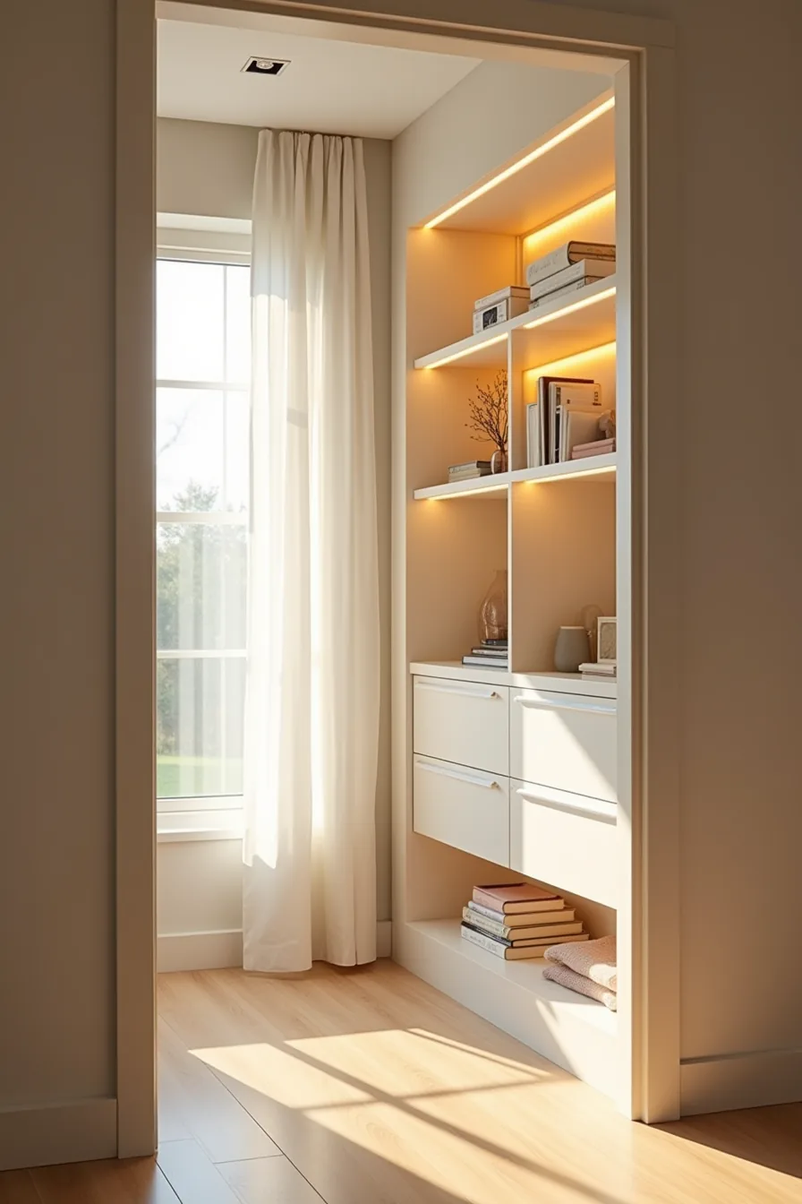 Brightly illuminated deep closet with three LED strip lights positioned under the upper rod, along mid-shelf, and at the