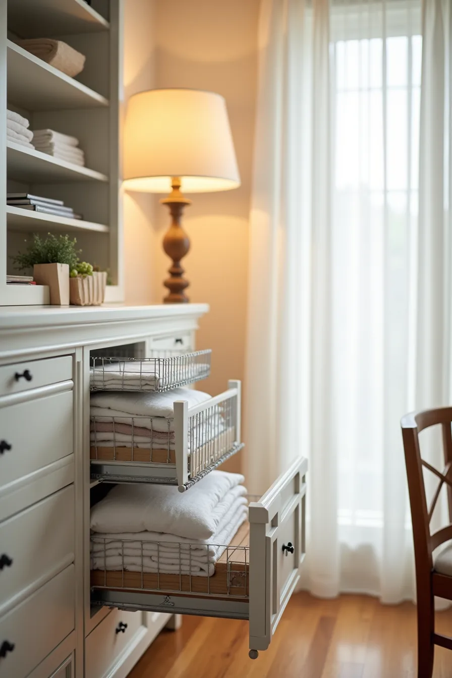 Three pull-out wire baskets on full-extension slides with the front basket open revealing folded linens inside.