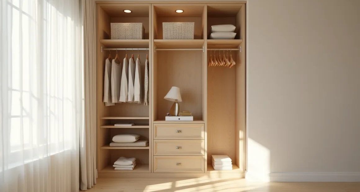 Reach-in closet with a single lower rod on the left holding garments and shelving on the right displaying folded sweaters.