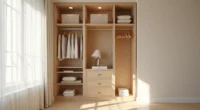 Reach-in closet with a single lower rod on the left holding garments and shelving on the right displaying folded sweaters.