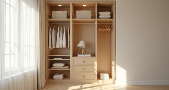 Reach-in closet with a single lower rod on the left holding garments and shelving on the right displaying folded sweaters.