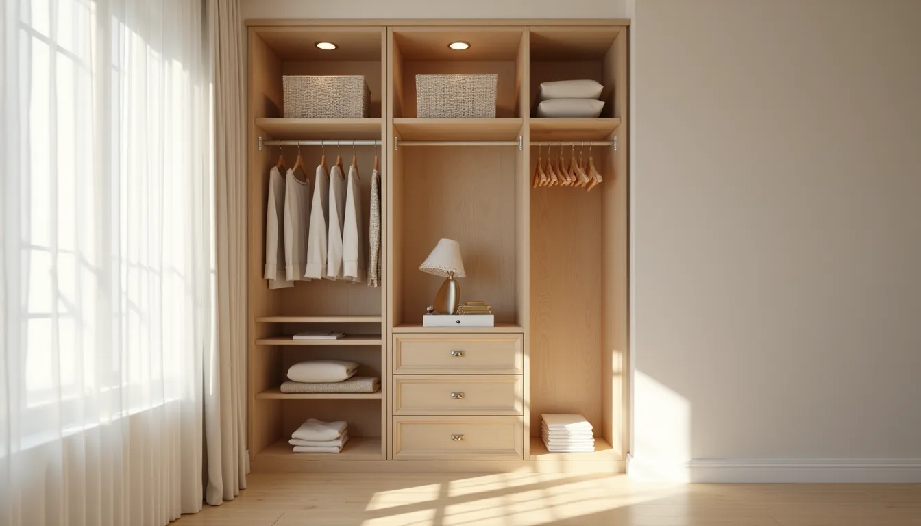 Reach-in closet with a single lower rod on the left holding garments and shelving on the right displaying folded sweaters.