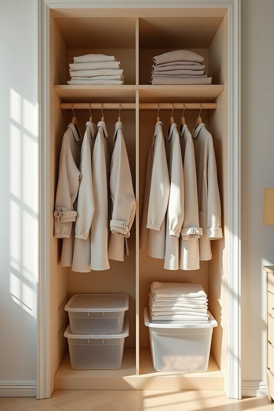 Closet organized into three zones with work clothes in front, seasonal coats in the middle, and clear plastic storage bins