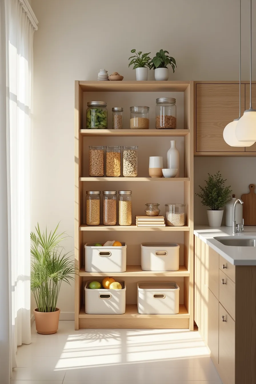 Pantry shelves organized into four zones: cereals and baking supplies on top, canned goods and bulk bins on bottom.