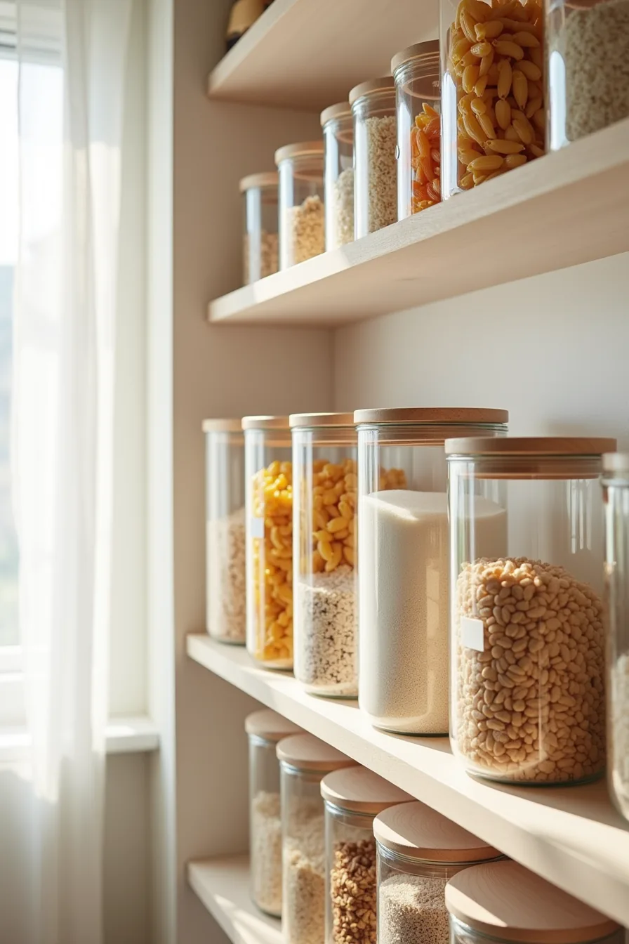 Clear plastic and glass containers of different heights filled with dry goods like pasta, rice, flour, and cereal, each