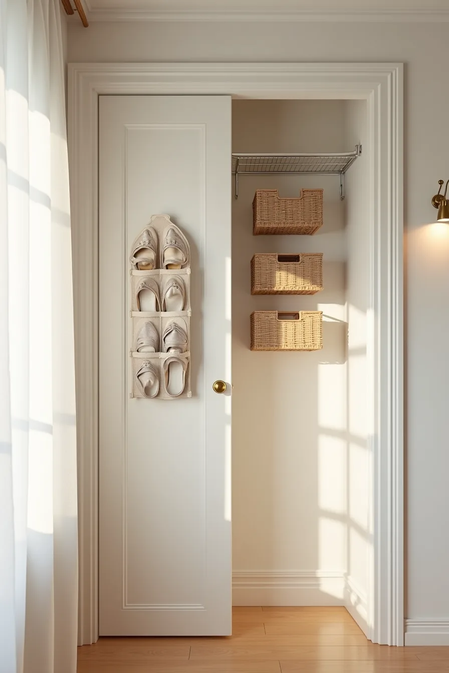 Over-the-door organizer, adhesive wall hooks with hanging baskets, and wall-mounted shelf displayed together on pantry walls.