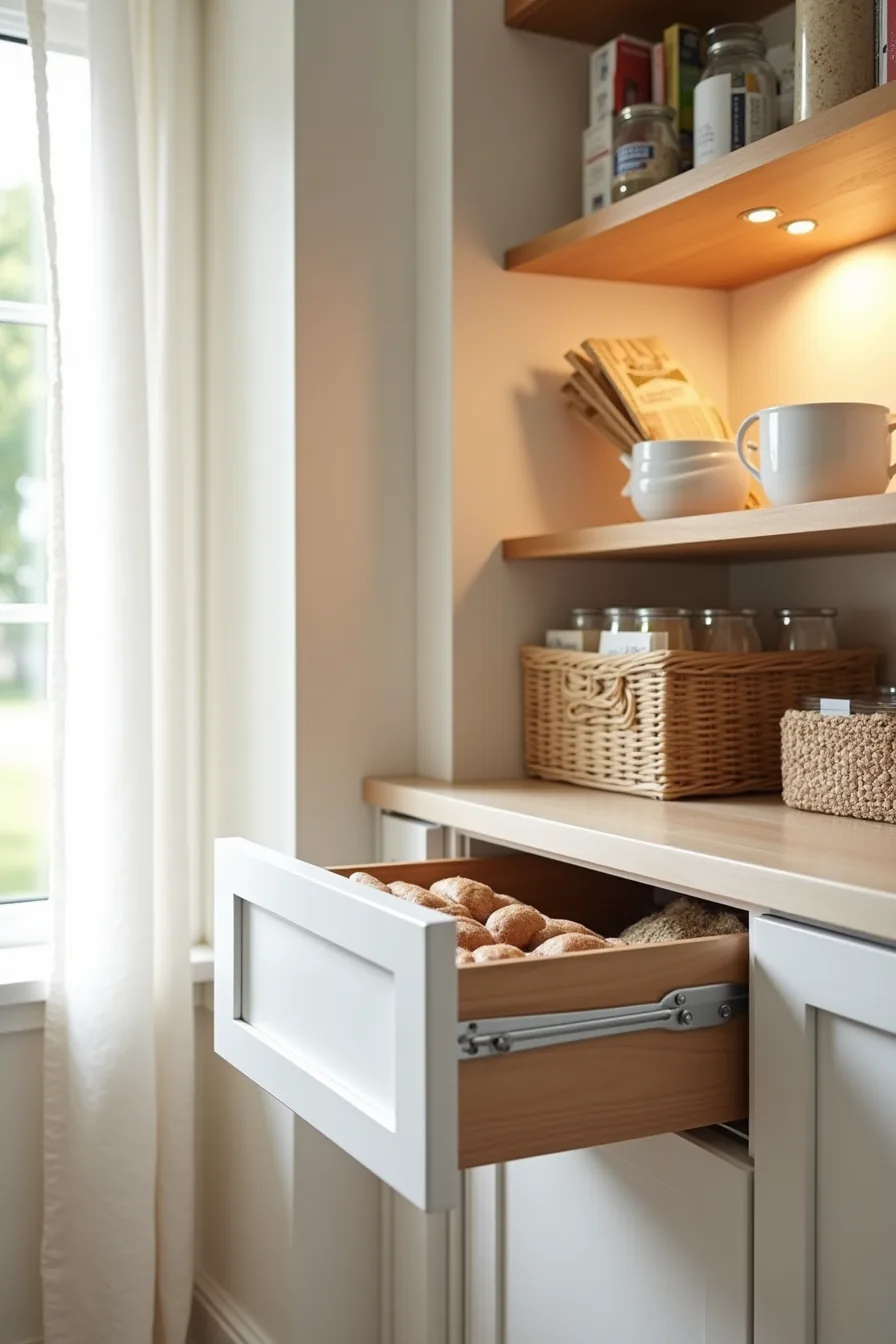 Metal pull-out drawer and woven sliding basket both partially extended on a pantry shelf, displaying stacked packaged goods.