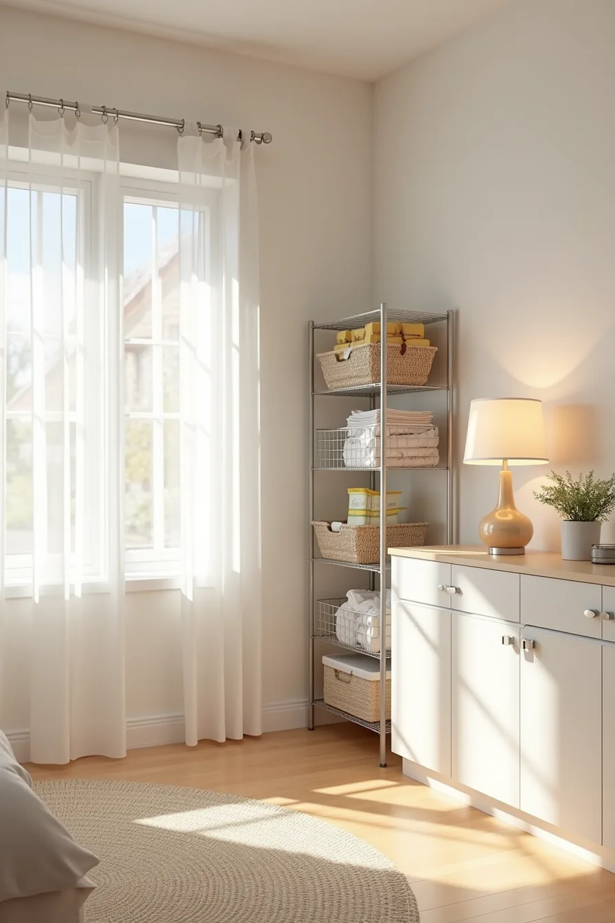 Three storage solutions displayed side by side: adhesive wire baskets on wall, freestanding metal shelving with bins, and