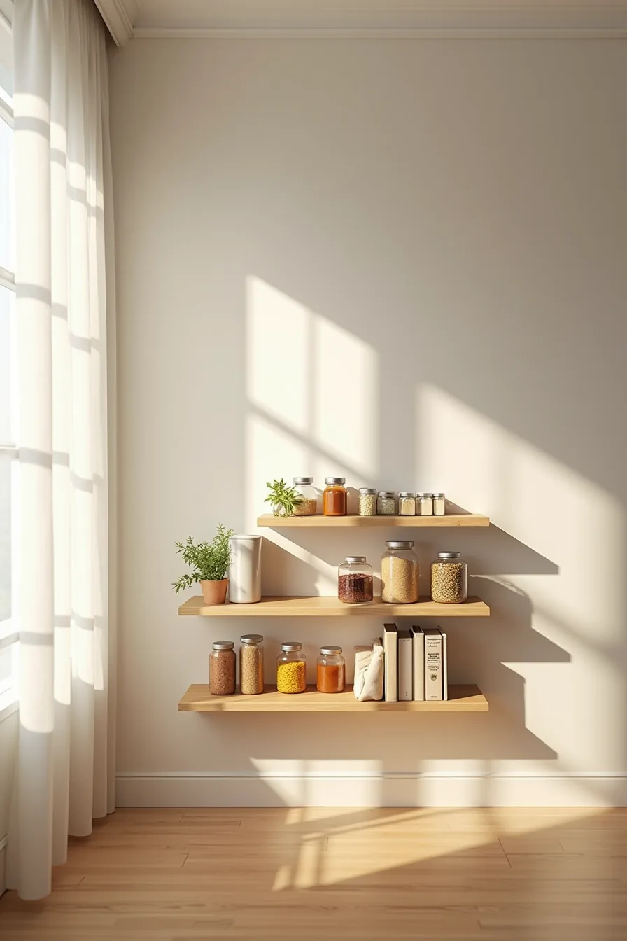 Three-tiered risers on a shelf displaying canned goods and glass jars arranged by height in a stepped formation.