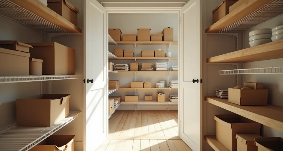 Pantry viewed from doorway showing shallow wire shelves in front and deeper wooden shelves fading into shadow, with mixed
