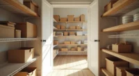Pantry viewed from doorway showing shallow wire shelves in front and deeper wooden shelves fading into shadow, with mixed