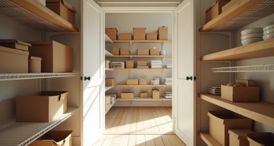 Pantry viewed from doorway showing shallow wire shelves in front and deeper wooden shelves fading into shadow, with mixed