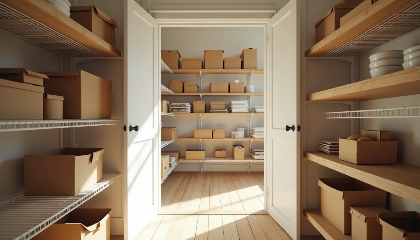 Pantry viewed from doorway showing shallow wire shelves in front and deeper wooden shelves fading into shadow, with mixed