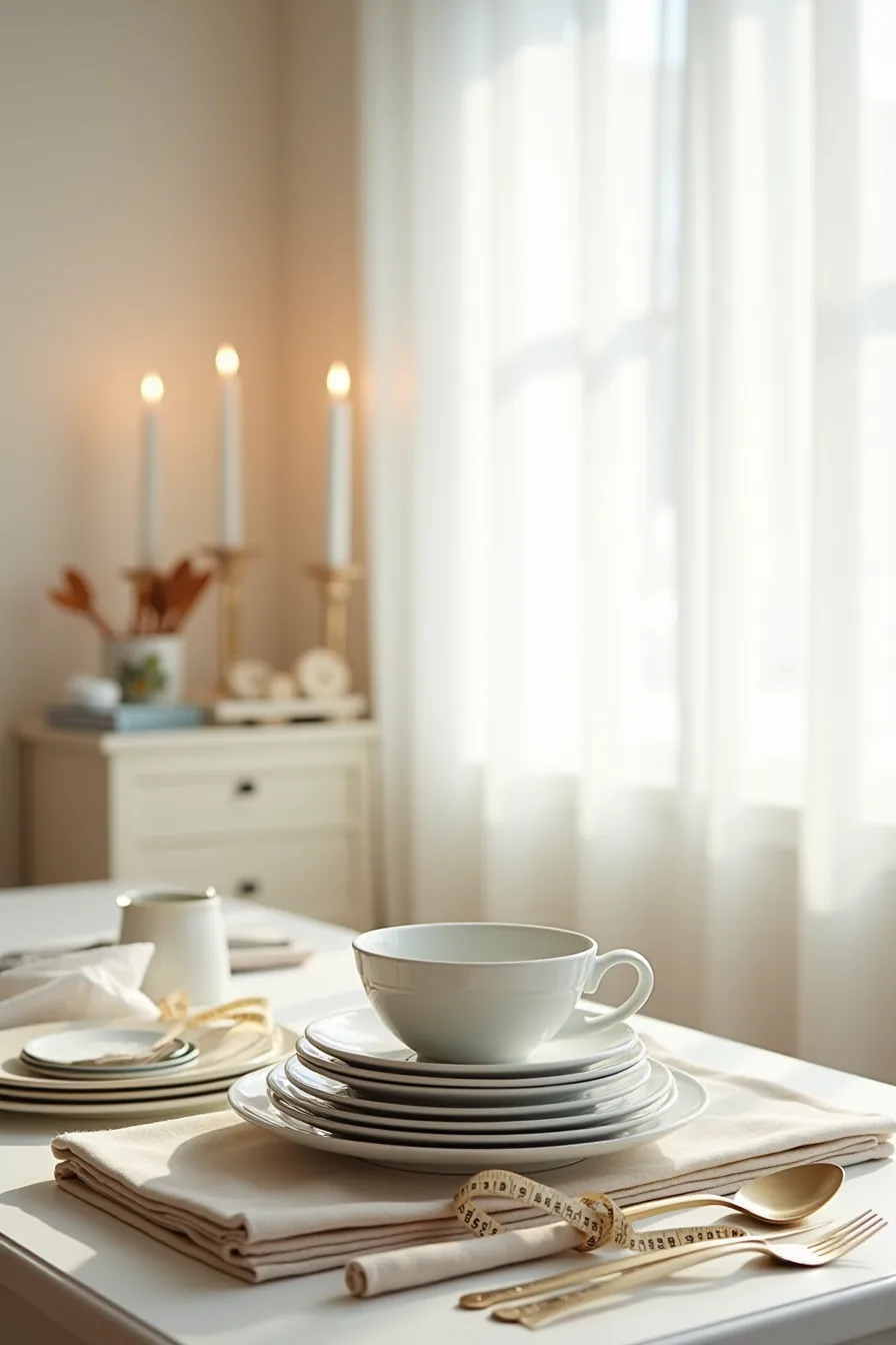 Stacked dinner plates, nested bowls, bundled cutlery, folded napkins, serving utensils, and measuring tape arranged on a
