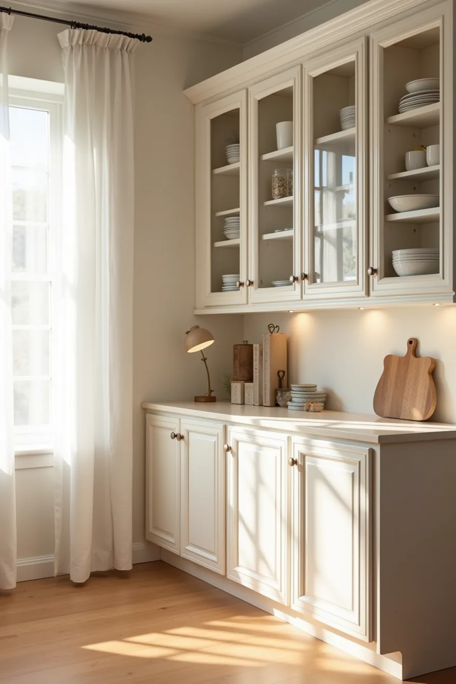 Floor-to-ceiling dining room cabinetry with glass-front upper cabinets displaying dishware, solid wood lower cupboards