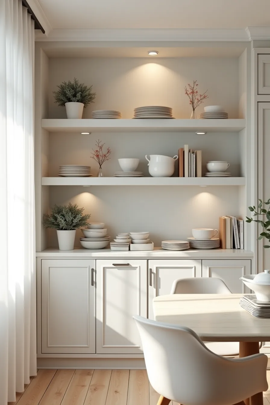Gray dining cabinetry with displayed dishware, a potted plant on top, decorative serving pieces arranged symmetrically, and