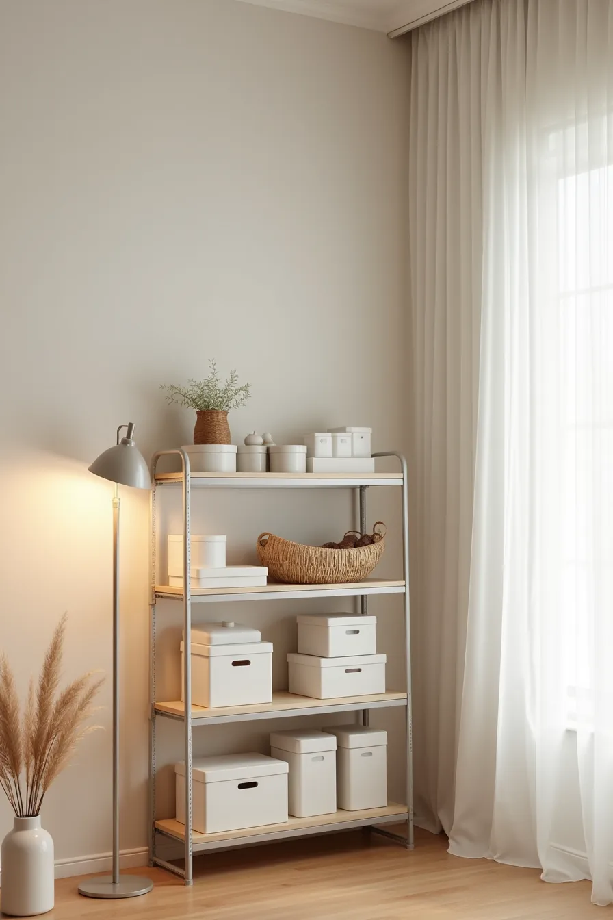 Metal shelving unit with adjustable brackets displaying storage containers, boxes, and a decorative basket across three