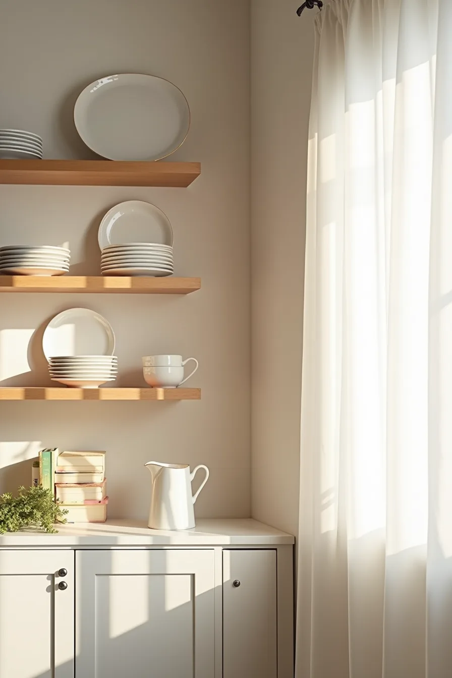 Dining wall with open wooden shelves on the left displaying stacked plates, bowls, and serving pitcher, and a closed cabinet