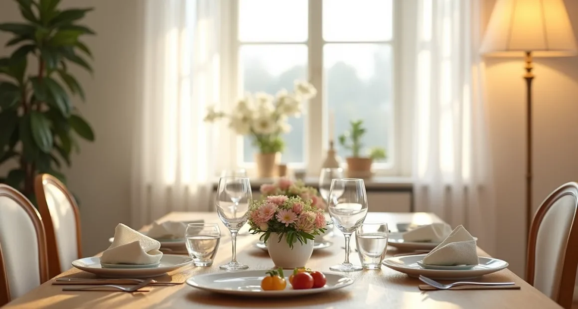 Dining table viewed from above with place settings, serving platter, glassware, cloth napkins, and centerpiece.