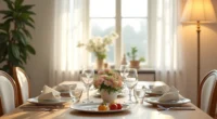 Dining table viewed from above with place settings, serving platter, glassware, cloth napkins, and centerpiece.