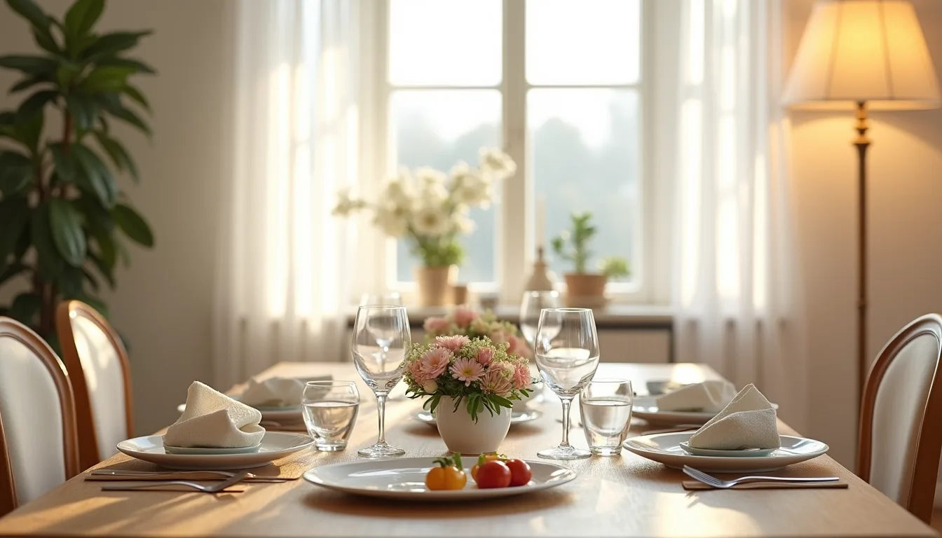 Dining table viewed from above with place settings, serving platter, glassware, cloth napkins, and centerpiece.