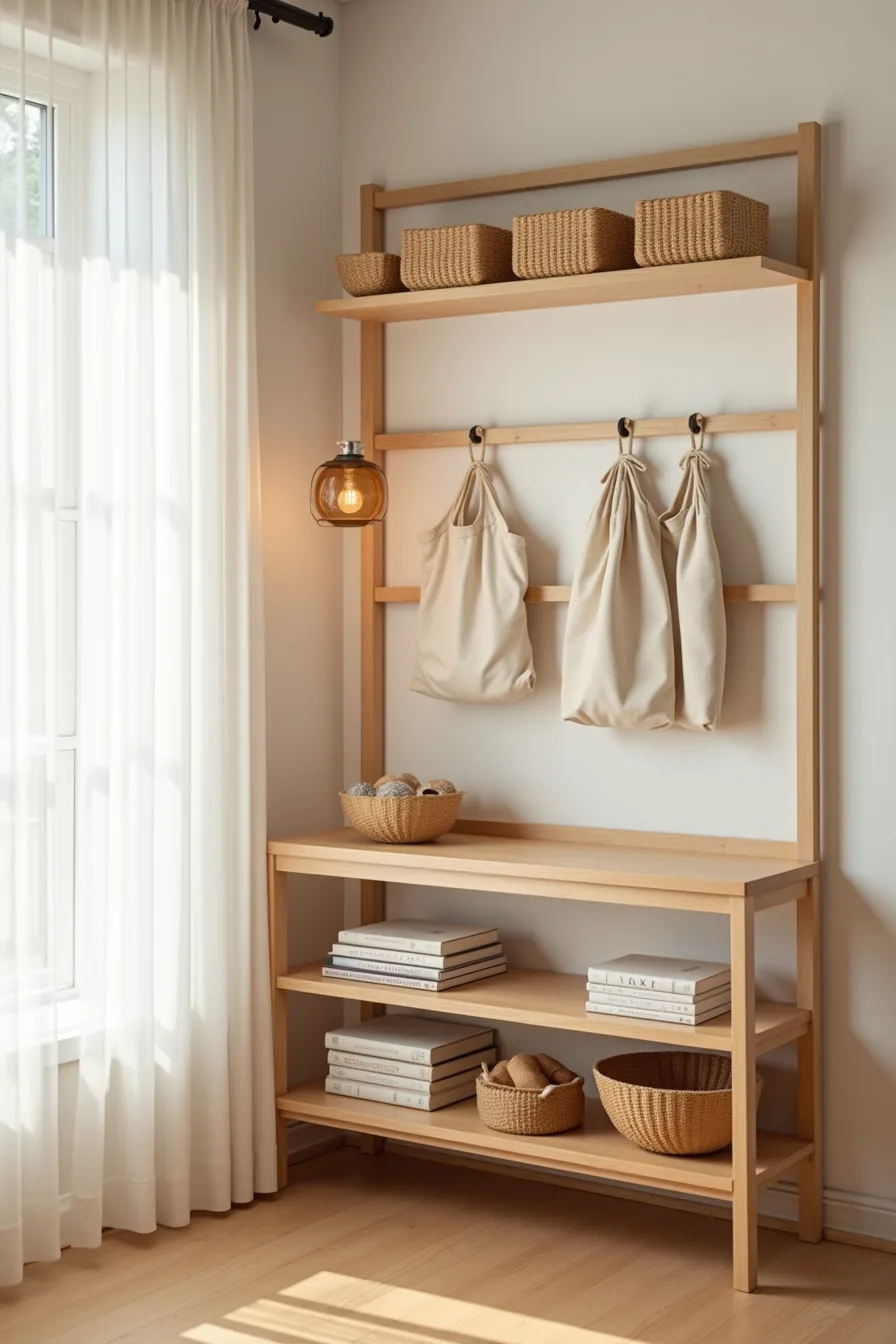 Wooden shelving unit in dining corner with adhesive hooks holding hanging baskets above and fabric storage pouches suspended