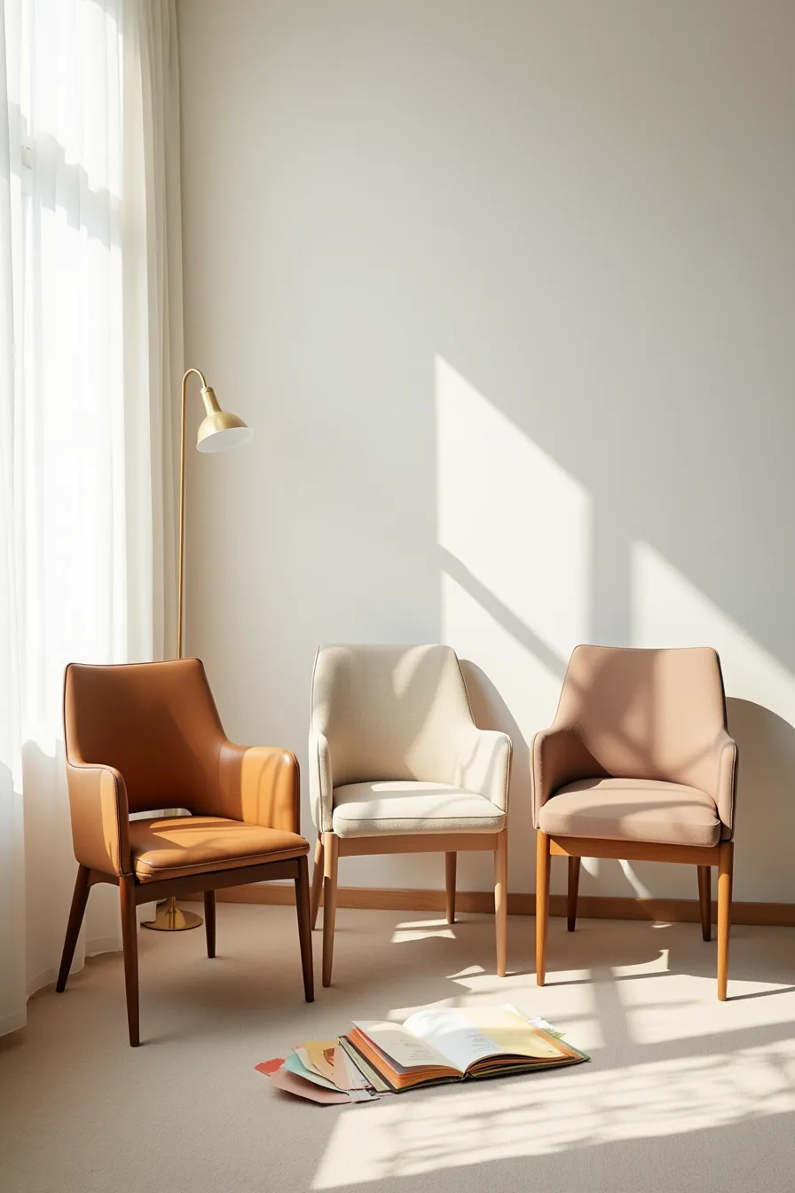 Three chair material samples with color swatches fanned beside each: leather, linen, and performance fabric.