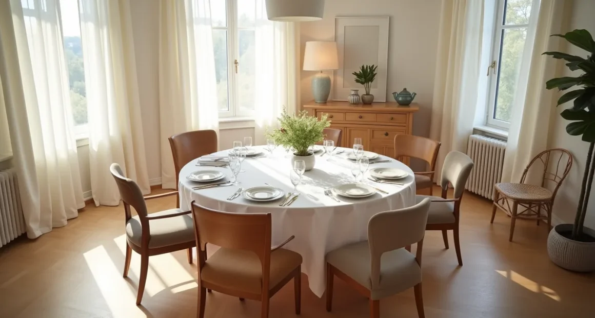 Overhead view of a round dining table with six mixed-style chairs, place settings, and a centerpiece.