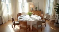 Overhead view of a round dining table with six mixed-style chairs, place settings, and a centerpiece.