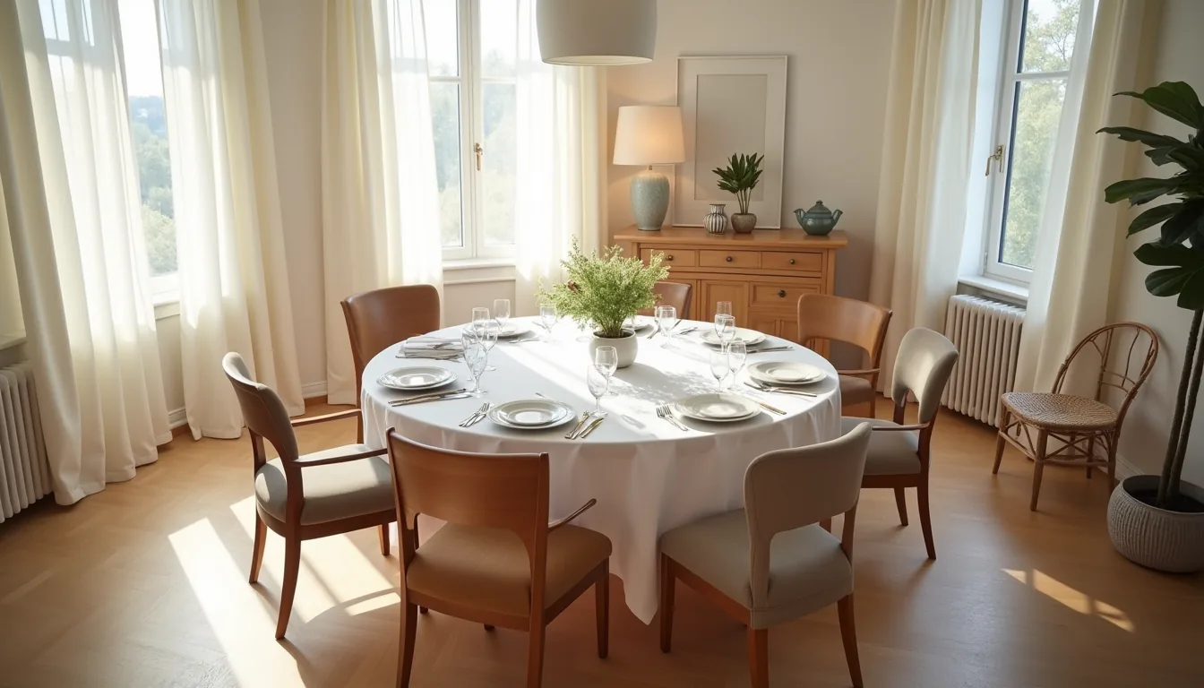 Overhead view of a round dining table with six mixed-style chairs, place settings, and a centerpiece.