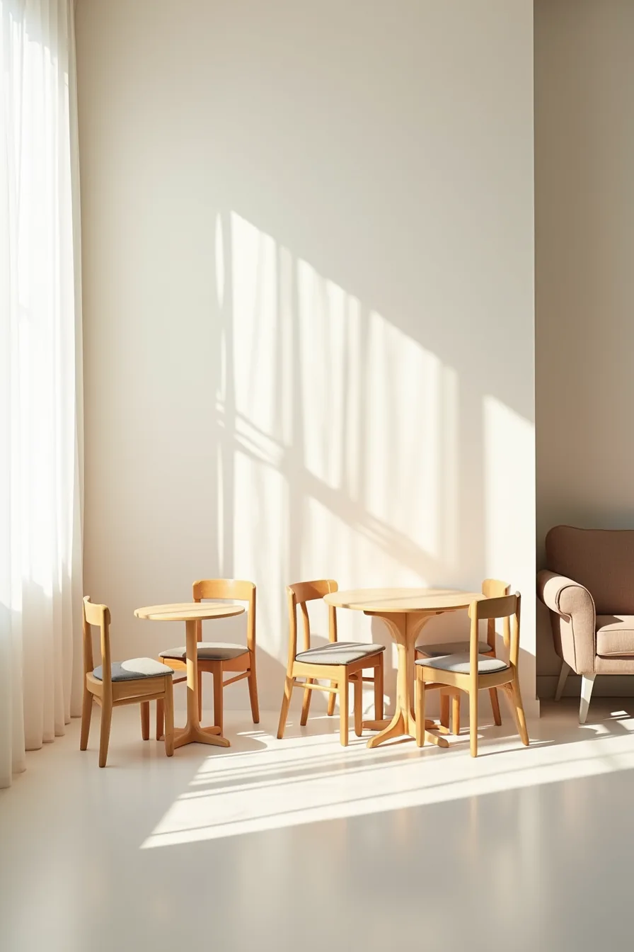 Three dining table and chair sets arranged by size—small bistro, medium four-seater, large six-seater.