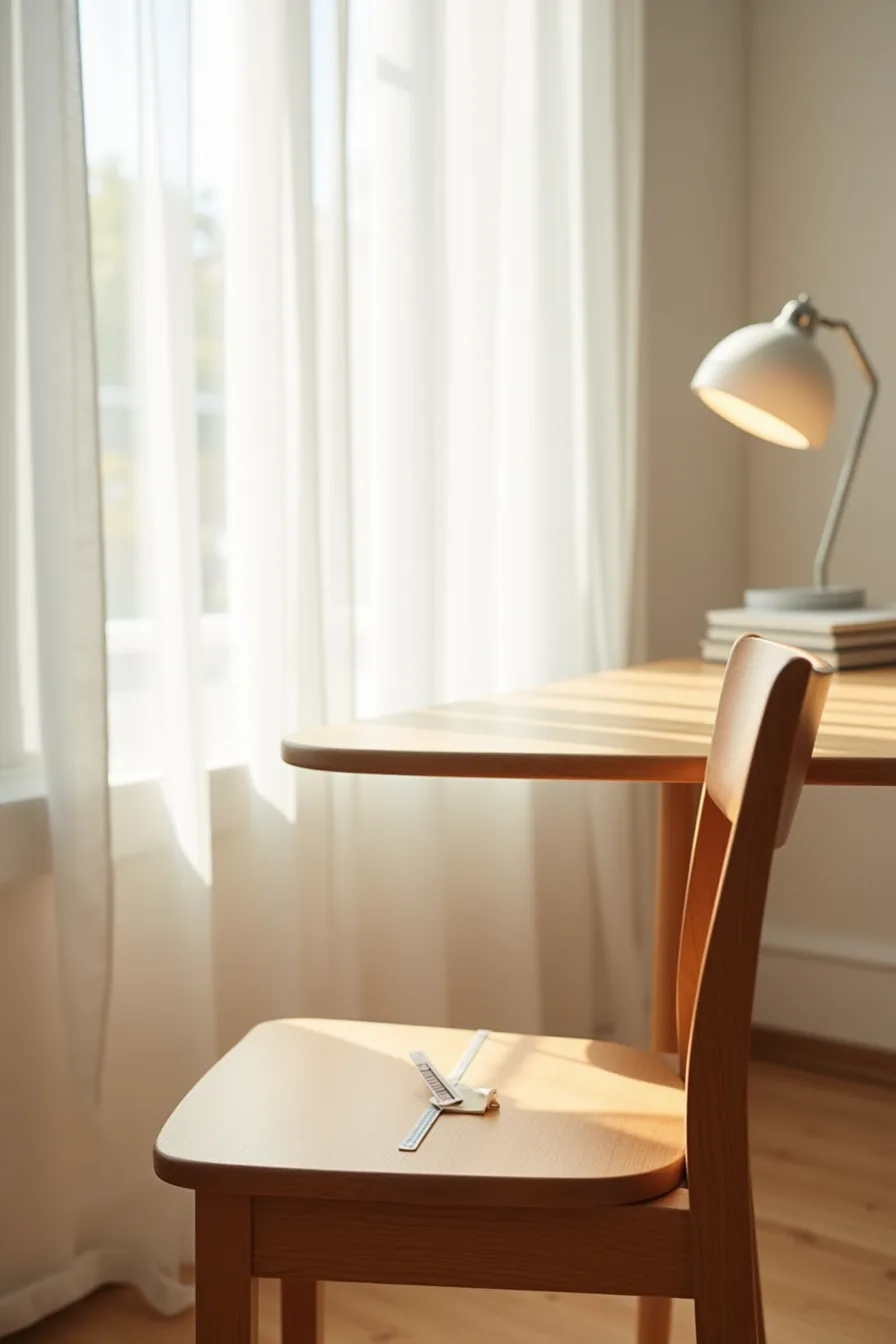 Chair seat under a table with a ruler measuring the clearance gap between seat and table underside.