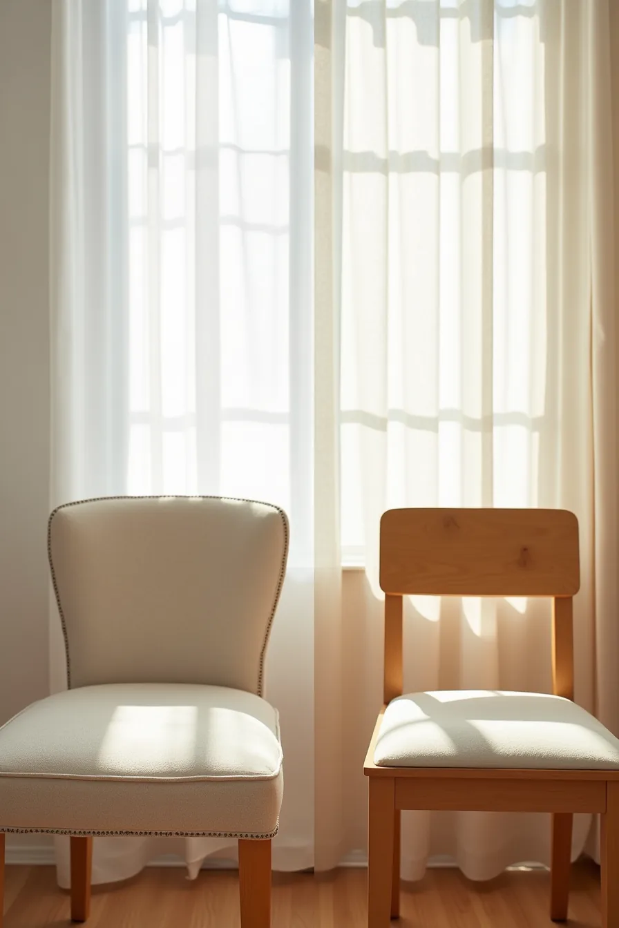 Two chair seats side by side—one upholstered with piping detail, one bare wooden with natural finish.