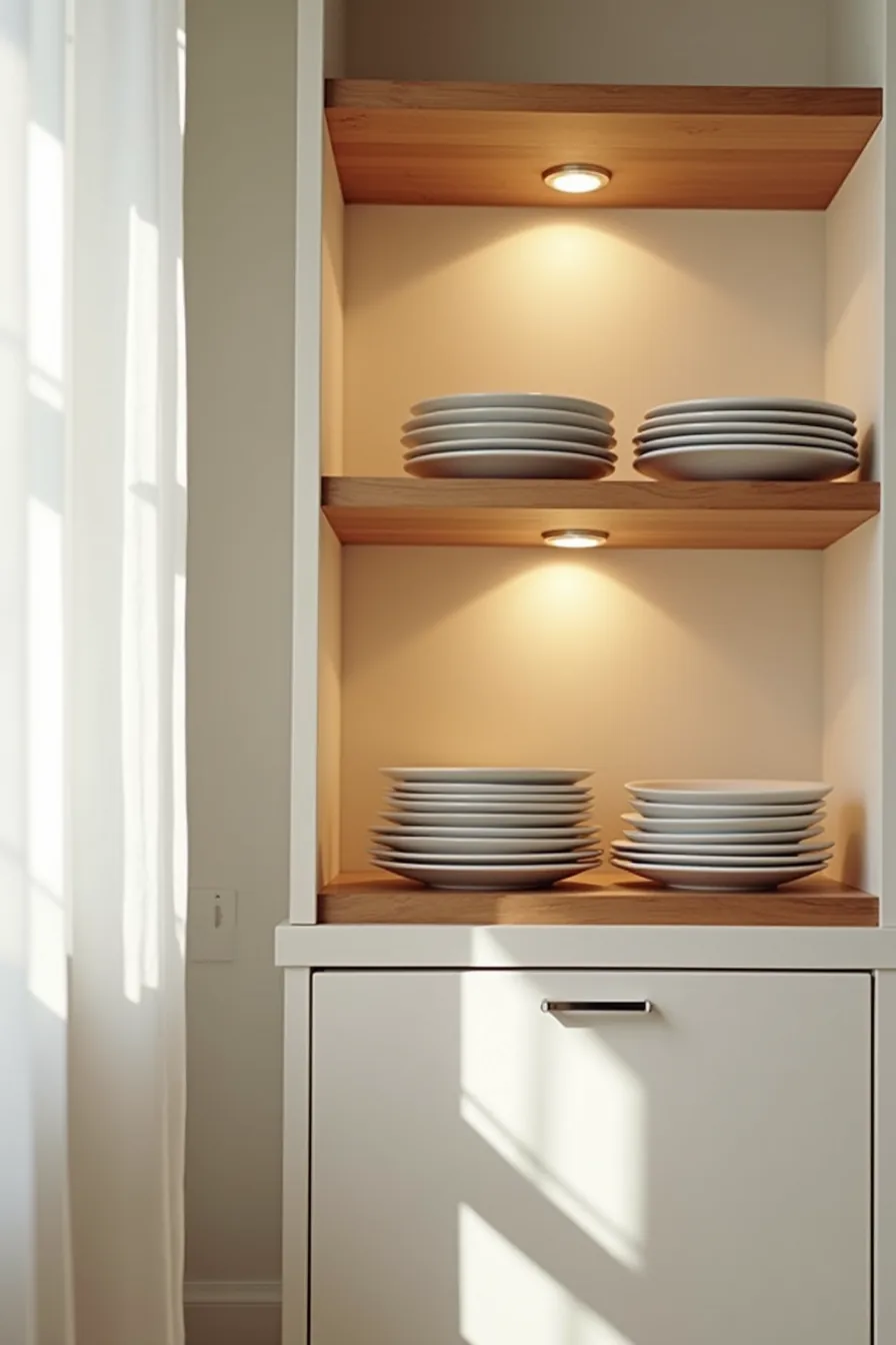 Cabinet interior with wooden dividers on the lower shelf and adjustable metal pegs supporting a removable wire shelf above.